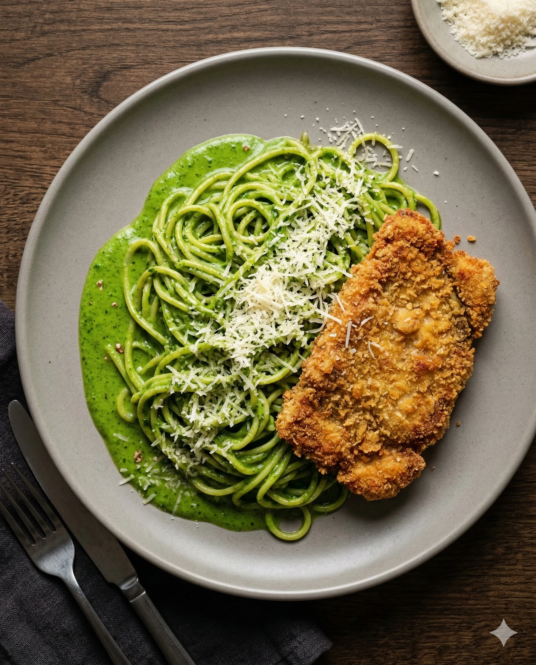 Peruvian Green Spaghetti with Breaded Beef